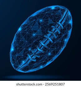 A rugby ball. Polygonal design of interconnected elements. Blue background.