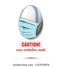 Rugby ball with a protection mask. Caution! wear protection mask. Stop coronavirus covid-19 outbreak. Risk disease. Cancellation of sports tournaments. Pattern design. Vector illustration