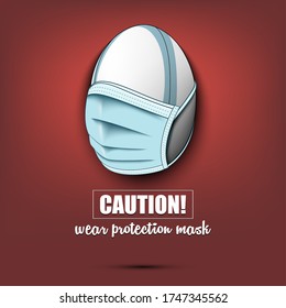 Rugby ball with a protection mask. Caution! wear protection mask. Stop coronavirus covid-19 outbreak. Risk disease. Cancellation of sports tournaments. Pattern design. Vector illustration