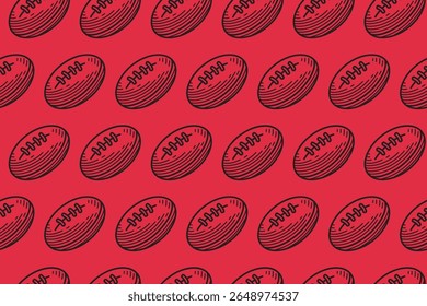rugby ball repeat pattern. sporty ball of rugby hand drawn seamless texture. retro red background surface with rugby ball. ideal for sports themed, prints and merchandise
