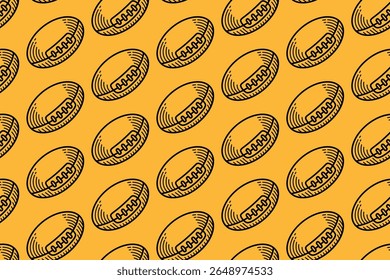 rugby ball seamless pattern. hand-drawn american sport ball vector background. vintage oval ball line art motif on yellow background. ideal for sports themed, prints and merchandise