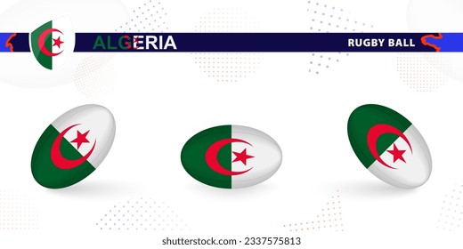 Balón de rugby con la bandera de Argelia en varios ángulos sobre fondo abstracto. Colección vectorial de rugby.