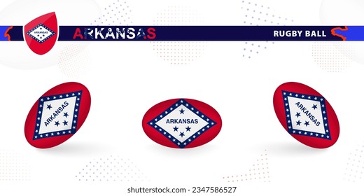 Rugby ball set with the flag of Arkansas in various angles on abstract background. Rugby vector collection.