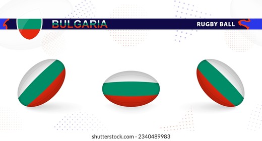 Rugby ball set with the flag of Bulgaria in various angles on abstract background. Rugby vector collection.