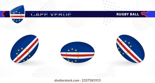 Rugby ball set with the flag of Cape Verde in various angles on abstract background. Rugby vector collection.