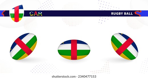 Balón de rugby con la bandera de la República Centroafricana en varios ángulos sobre fondo abstracto. Colección vectorial de rugby.