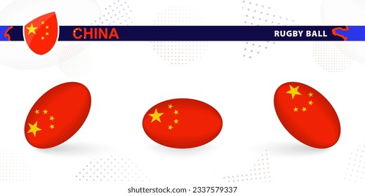 Rugby ball set with the flag of China in various angles on abstract background. Rugby vector collection.