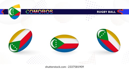 Rugby ball set with the flag of Comoros in various angles on abstract background. Rugby vector collection.