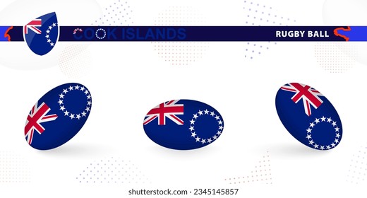 Rugby ball set with the flag of Cook Islands in various angles on abstract background. Rugby vector collection.
