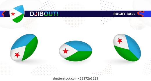 Rugby ball set with the flag of Djibouti in various angles on abstract background. Rugby vector collection.
