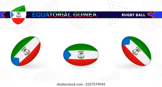 Rugby ball set with the flag of Equatorial Guinea in various angles on abstract background. Rugby vector collection.