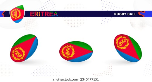 Rugby ball set with the flag of Eritrea in various angles on abstract background. Rugby vector collection.