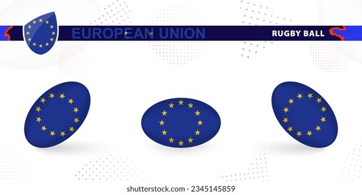 Rugby ball set with the flag of European Union in various angles on abstract background. Rugby vector collection.