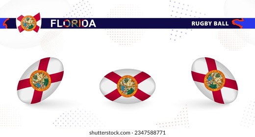 Rugby ball set with the flag of Florida in various angles on abstract background. Rugby vector collection.