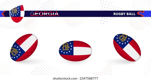 Rugby ball set with the flag of Georgia in various angles on abstract background. Rugby vector collection.