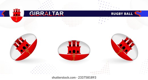 Rugby ball set with the flag of Gibraltar in various angles on abstract background. Rugby vector collection.