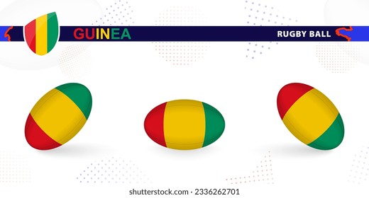 Rugby ball set with the flag of Guinea in various angles on abstract background. Rugby vector collection.