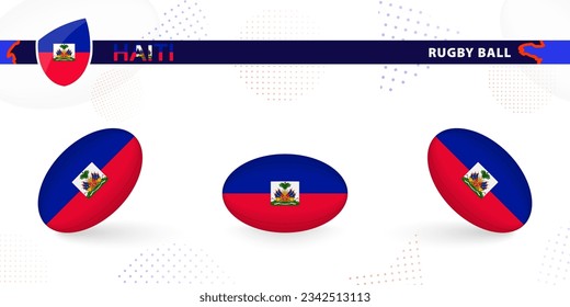 Rugby ball set with the flag of Haiti in various angles on abstract background. Rugby vector collection.