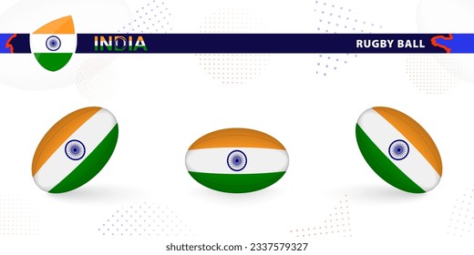 Rugby ball set with the flag of India in various angles on abstract background. Rugby vector collection.