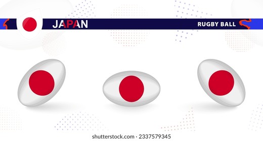 Rugby ball set with the flag of Japan in various angles on abstract background. Rugby vector collection.