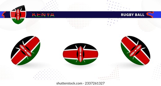 Rugby ball set with the flag of Kenya in various angles on abstract background. Rugby vector collection.