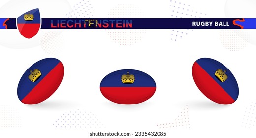 Rugby ball set with the flag of Liechtenstein in various angles on abstract background. Rugby vector collection.