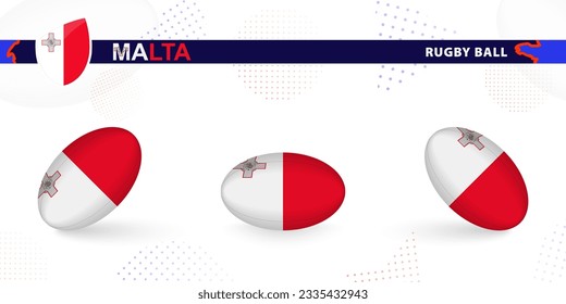 Balón de rugby con la bandera de Malta en varios ángulos sobre fondo abstracto. Colección vectorial de rugby.