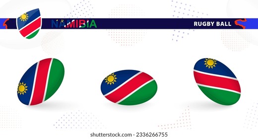 Rugby ball set with the flag of Namibia in various angles on abstract background. Rugby vector collection.