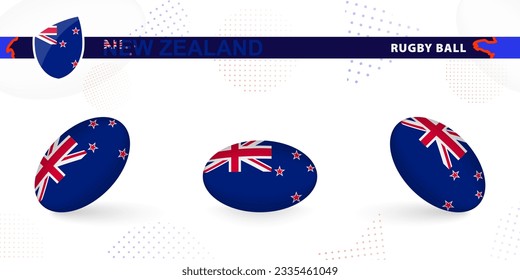 Rugby ball set with the flag of New Zealand in various angles on abstract background. Rugby vector collection.