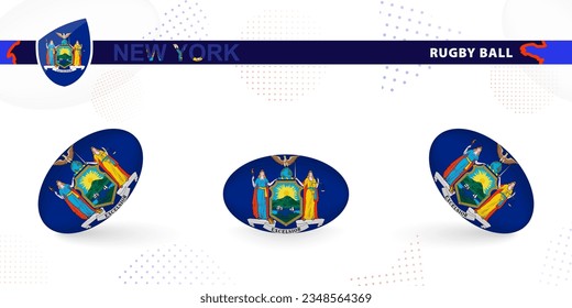 Rugby ball set with the flag of New York in various angles on abstract background. Rugby vector collection.
