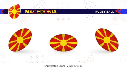 Rugby ball set with the flag of North Macedonia in various angles on abstract background. Rugby vector collection.