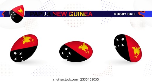 Rugby ball set with the flag of Papua New Guinea in various angles on abstract background. Rugby vector collection.