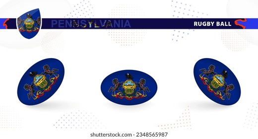 Rugby ball set with the flag of Pennsylvania in various angles on abstract background. Rugby vector collection.