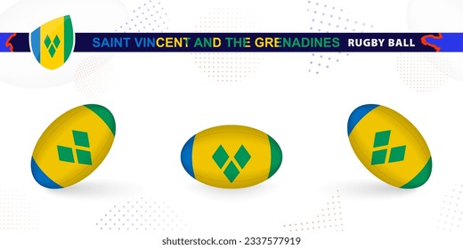 Balón de rugby con la bandera de San Vicente y las Granadinas en varios ángulos sobre fondo abstracto. Colección vectorial de rugby.