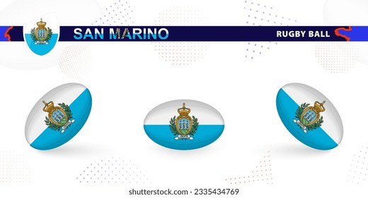 Rugby ball set with the flag of San Marino in various angles on abstract background. Rugby vector collection.