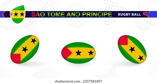 Rugby ball set with the flag of Sao Tome and Principe in various angles on abstract background. Rugby vector collection.
