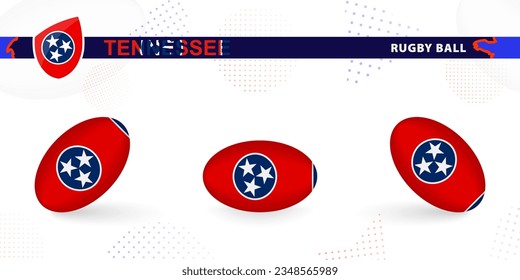 Rugby ball set with the flag of Tennessee in various angles on abstract background. Rugby vector collection.