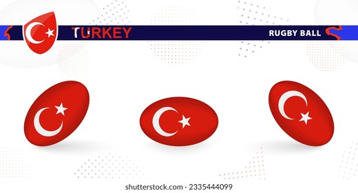 Rugby ball set with the flag of Turkey in various angles on abstract background. Rugby vector collection.