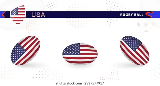 Rugby ball set with the flag of USA in various angles on abstract background. Rugby vector collection.