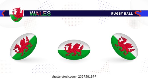 Rugby ball set with the flag of Wales in various angles on abstract background. Rugby vector collection.
