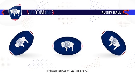 Rugby ball set with the flag of Wyoming in various angles on abstract background. Rugby vector collection.