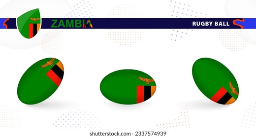 Rugby ball set with the flag of Zambia in various angles on abstract background. Rugby vector collection.