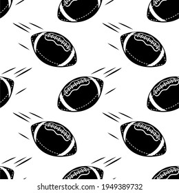 Rugby ball, silhouette. Flying rugby ball seamless pattern.