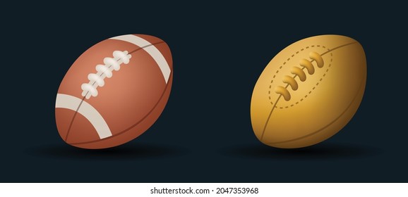 Rugby Ball vector Emoji illustration set. 3d cartoon Style Ball isolated on background. Set American football ball vector illustration. Brown and golden rugby ball. 