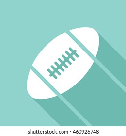 Rugby ball vector icon with long shadow. White illustration isolated on green background for graphic and web design.
