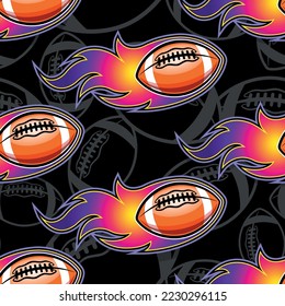 Rugby balls and fire flame seamless pattern vector art image. Flaming American football balls continuous background wallpaper texture.
