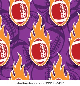 Rugby balls and fire flame seamless pattern vector art image. Flaming american football balls continuous background wallpaper texture.