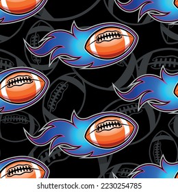 Rugby balls in fire repeating tile background. American football balls seamless pattern vector image wallpaper and wrapping paper design.