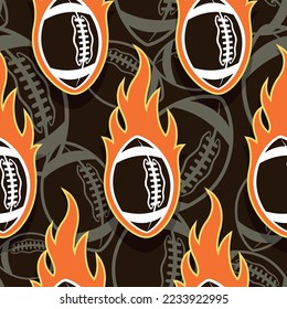 Rugby balls in fire repeating tile background. American football balls seamless pattern vector image wallpaper and wrapping paper design.