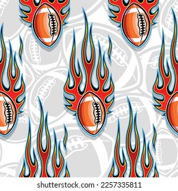 Rugby balls in fire repeating tile background. American football balls seamless pattern vector image wallpaper and wrapping paper design.